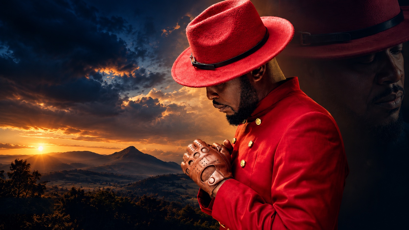 Joseph in a red suit and hat against a dramatic mountain sunset.