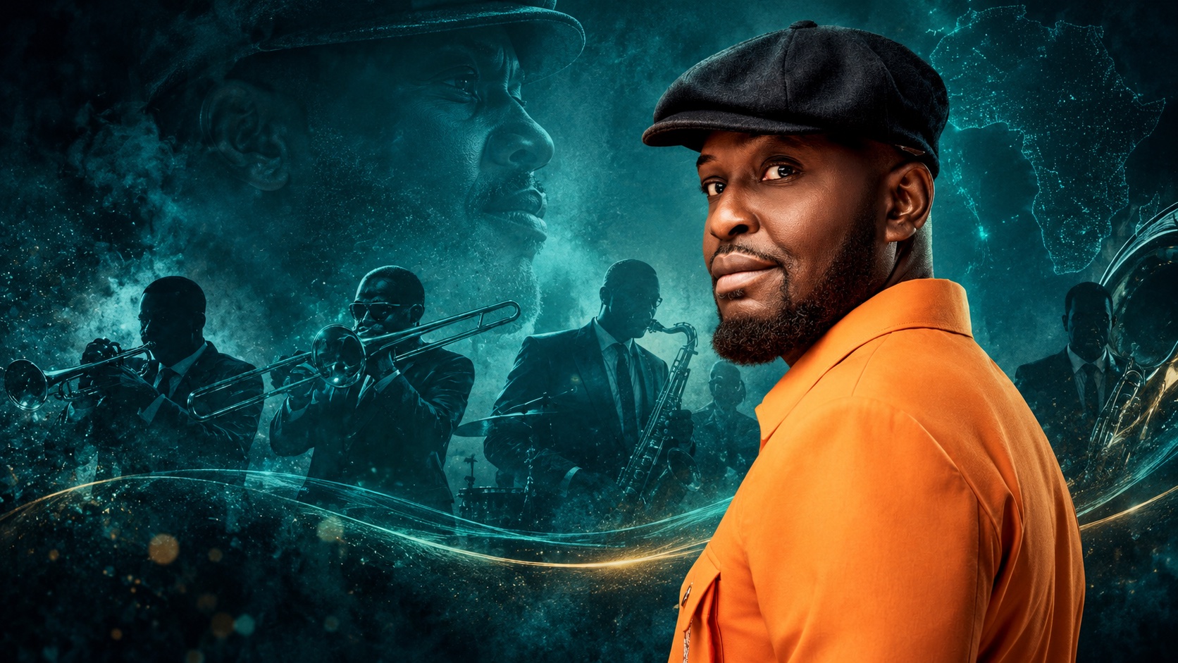 Joseph in an orange jacket with musicians in a cinematic teal atmosphere.