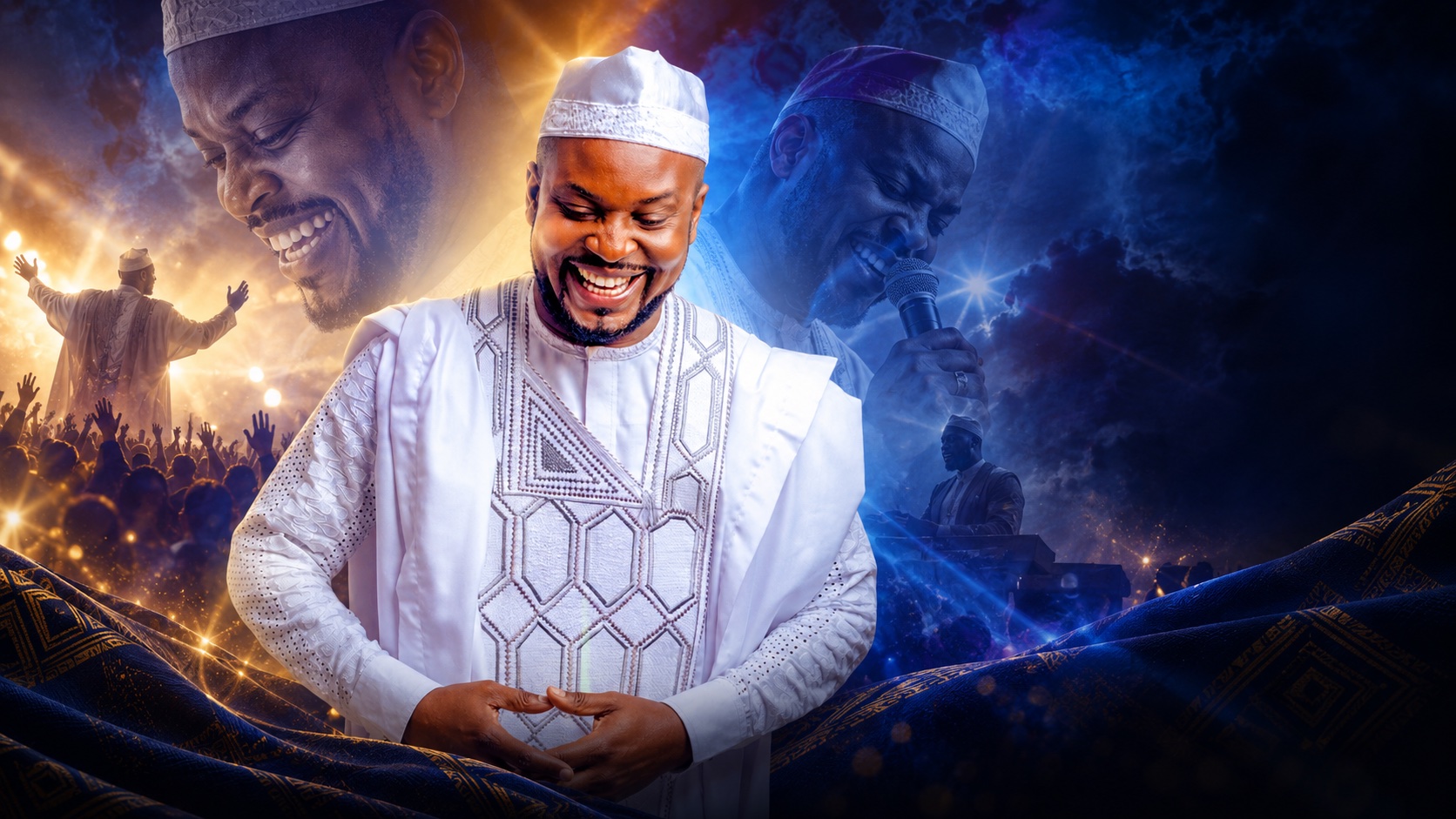 Joseph in white traditional clothing surrounded by blue and gold performance imagery.