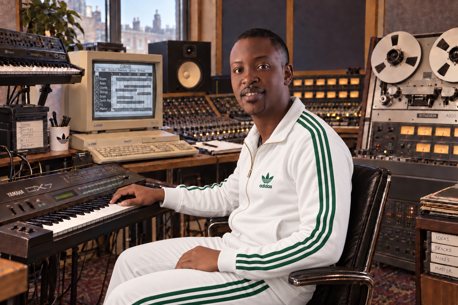Imagined portrait of Joseph Opare in a white and green tracksuit, seated at a keyboard in a recording studio